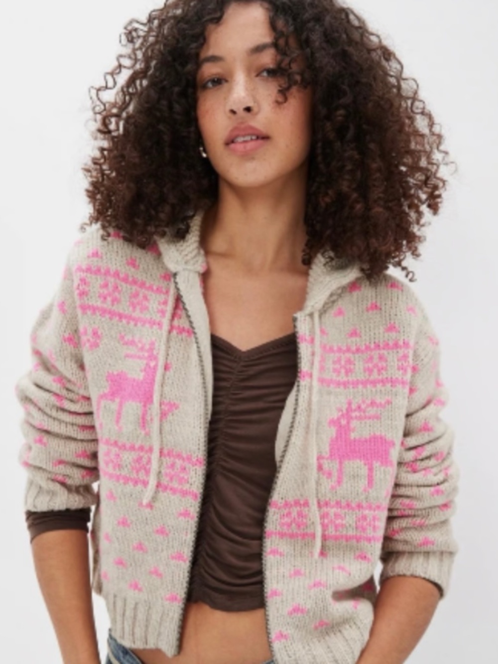 American Eagle beige & pink reindeer chunky knit cozy hoodie
